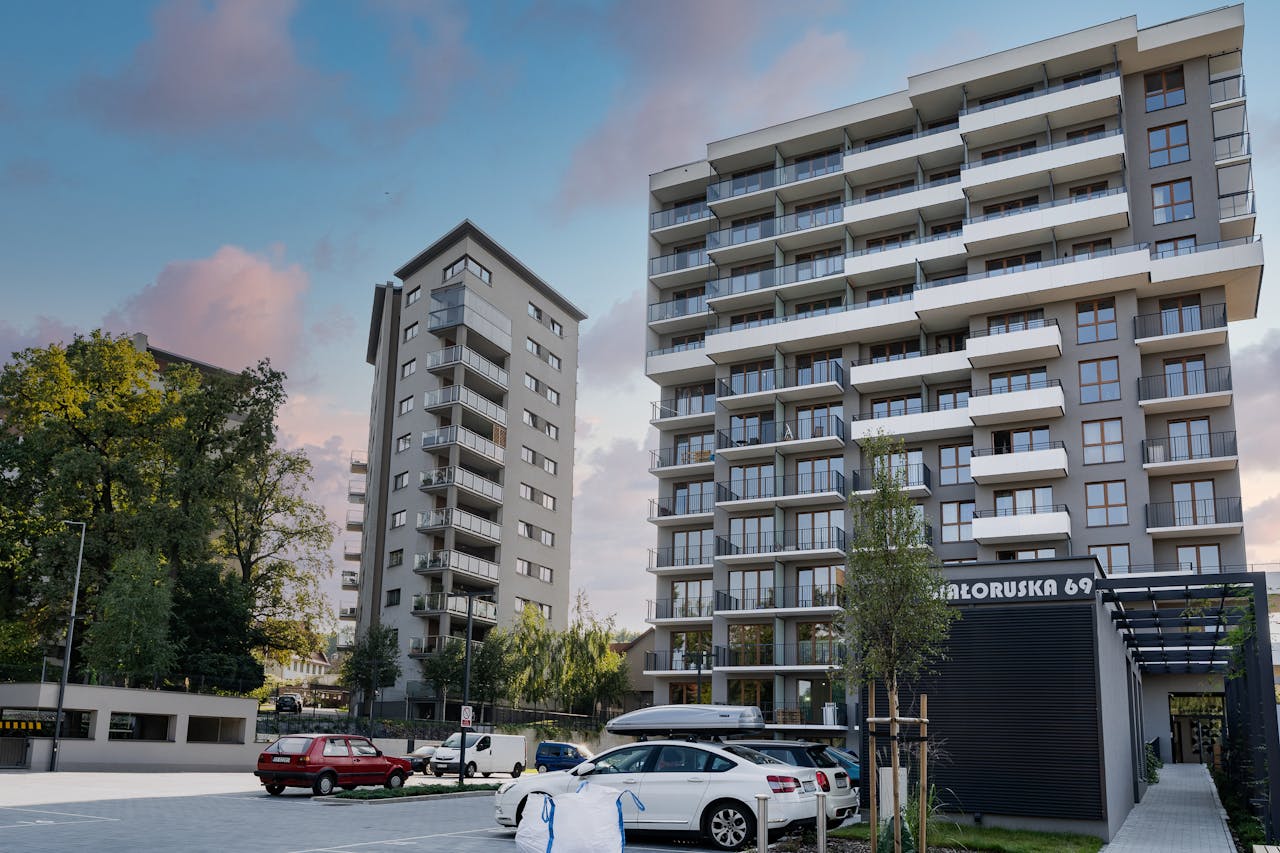 Contemporary residential architecture with modern high-rises on Beloruska 69 street.